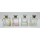 Four Georgian glass scent bottles with white metal tops, a/f, (two tops out of shape, one rim