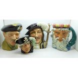 Three large Royal Doulton character jugs, Athos, Monty and Neptune and a small Royal Doulton
