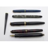 Five Parker pens; Televisor, Slimfold, Duofold, one pocket pen and a Duofold desk pen, three with