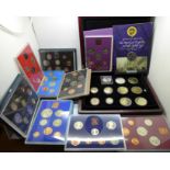 Royal Mint coin sets, 1972-1985, nine years, plus a box of mint crowns, a £5 coin, 200th Anniversary