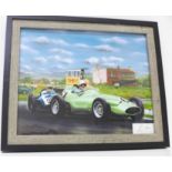 A colour print of Sir Stirling Moss at the 1959 British Grand Prix at Aintree with mounted autograph
