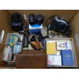 A Fujica ST 605N 35mm camera, tripod, lens, calligraphy pens, lino cutting tools, playing cards,