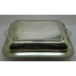 A silver serving dish with lid, Birmingham 1939, Barker Brothers Silver Ltd., 1411g, 45oz, 26cm