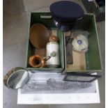 Two military boxes including a set of balance scales, Barbola mirror, peaked cap, etc. **PLEASE NOTE