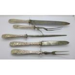 A five piece carving set, no case, marked Gorham