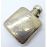 A small silver flask, Birmingham 1900, with inscription dated 1902, 81g, height 93mm, some dents