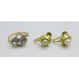 A pair of 14ct rolled gold earrings and a rolled gold two stone crossover ring, N