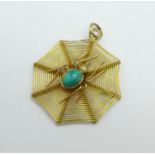 A 9ct gold, turquoise and pearl spiders web pendant, 2.7g, height 29mm