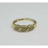 A 9ct gold and diamond ring, 2g, P