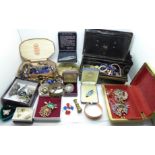 A box of costume jewellery including a St. Justin pewter brooch and a New Zealand Ariki Paua shell