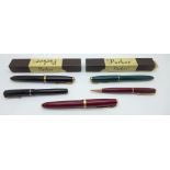 Parker pens; c.1930's Moderne, Junior, Duofold and one other Duofold with matching pencil, all