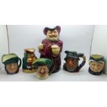 Six Royal Doulton character jugs, large Falstaff, Honest Measure, Rip Van Winkle, Granny, Toby