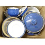 Denby blue oven and tablewares; two lidded casserole pots, one large and two small oval oven dishes,