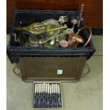 A box of brass, copper and plated metalwares **PLEASE NOTE THIS LOT IS NOT ELIGIBLE FOR POSTING