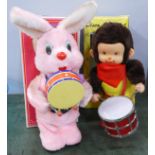 Two toys, a battery operated Drumming Bunny, made in Korea, and Lovely the Drummer, both boxed