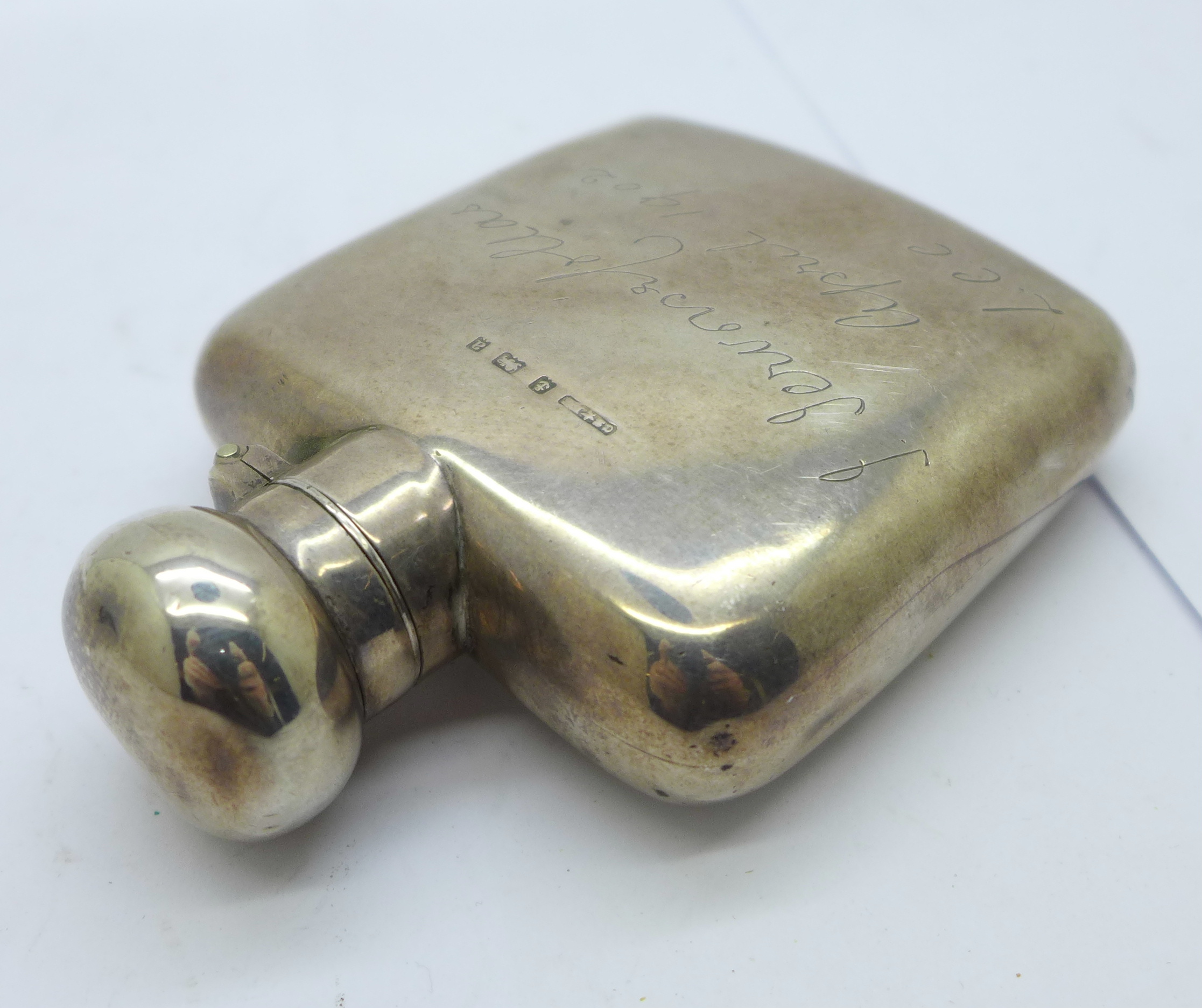 A small silver flask, Birmingham 1900, with inscription dated 1902, 81g, height 93mm, some dents - Image 5 of 5