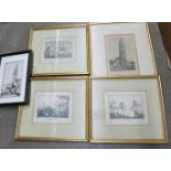 An engraving of Boston church, a set of three shooting pictures and one other, (5)