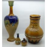 A Doulton Lambeth motto drinking jug, a miniature vase and flagon and a Doulton Lambeth Slaters 28.