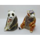 Two Royal Crown Derby paperweights, Honey Bear and Panda with silver stoppers