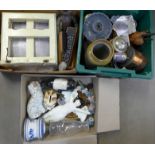 Three boxes of assorted china, glass, dominoes, black doll, Coopercraft model of a pig,