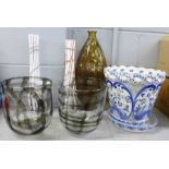 A blue and white jardiniere, a pair of glass vases and three other glass vases **PLEASE NOTE THIS