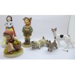 Two Hummel figures, Brother c1960 and Chick Girl, a Royal Doulton Snow White, 2000, a Crown