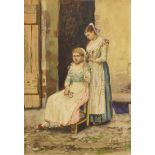 English School (19th Century), portrait of two girls, watercolour, mongrammed bottom right, 29 x