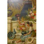 A 19th Century scene with gypsy girls and flowers, oil on canvas, indistinctly signed, 67 x 44cms,
