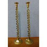 A pair of Victorian brass open barleytwist candlesticks, 52cms h