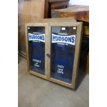 An oak two door wall hanging cabinet, bearing Hudson's Soap inscription to doors, 72cms h x 72cms w