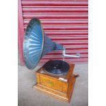 A vintage oak Curry's gramophone, with metal horn speaker