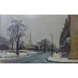 Deborah Jones (1921-2012), winter town landscape, oil on board, 26 x 41cms, framed