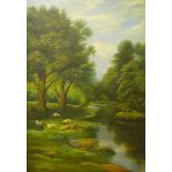 R. Carey, landscape with sheep grazing by a stream, oil on canvas, 50 x 35cms, framed