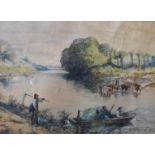 Henry Charles Fox RBA (1855-1929), river landscape with figures in a boat and cattle watering,