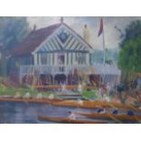 Kathleen Lloyd, rowing club and rowers in a river landscape, oil on canvas, 35 x 45cms, framed,