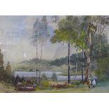 J.S. Stocks, summer landscape with children playing by a lake, watercolour, 23 x 33cms, framed