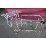 A wrought steel garden console table and two coffee table frames