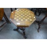 A Victorian inlaid walnut trumpet shaped sewing and games table, 68cms h x 44cms w