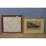 A Sir David Young Cameron etching, continental riverside town, framed and a Cheshire Ring map