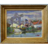 Lucie Rivel (French Cubist School), industrial dockland landscape, oil on board, 26 x 34cms, framed