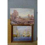 An oil on board of galleons and a ploughing scene print