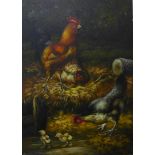 Manner of Edgar Hunt (1876-1953), chickens in a barn, oil on board, 18 x 13cms, unframed