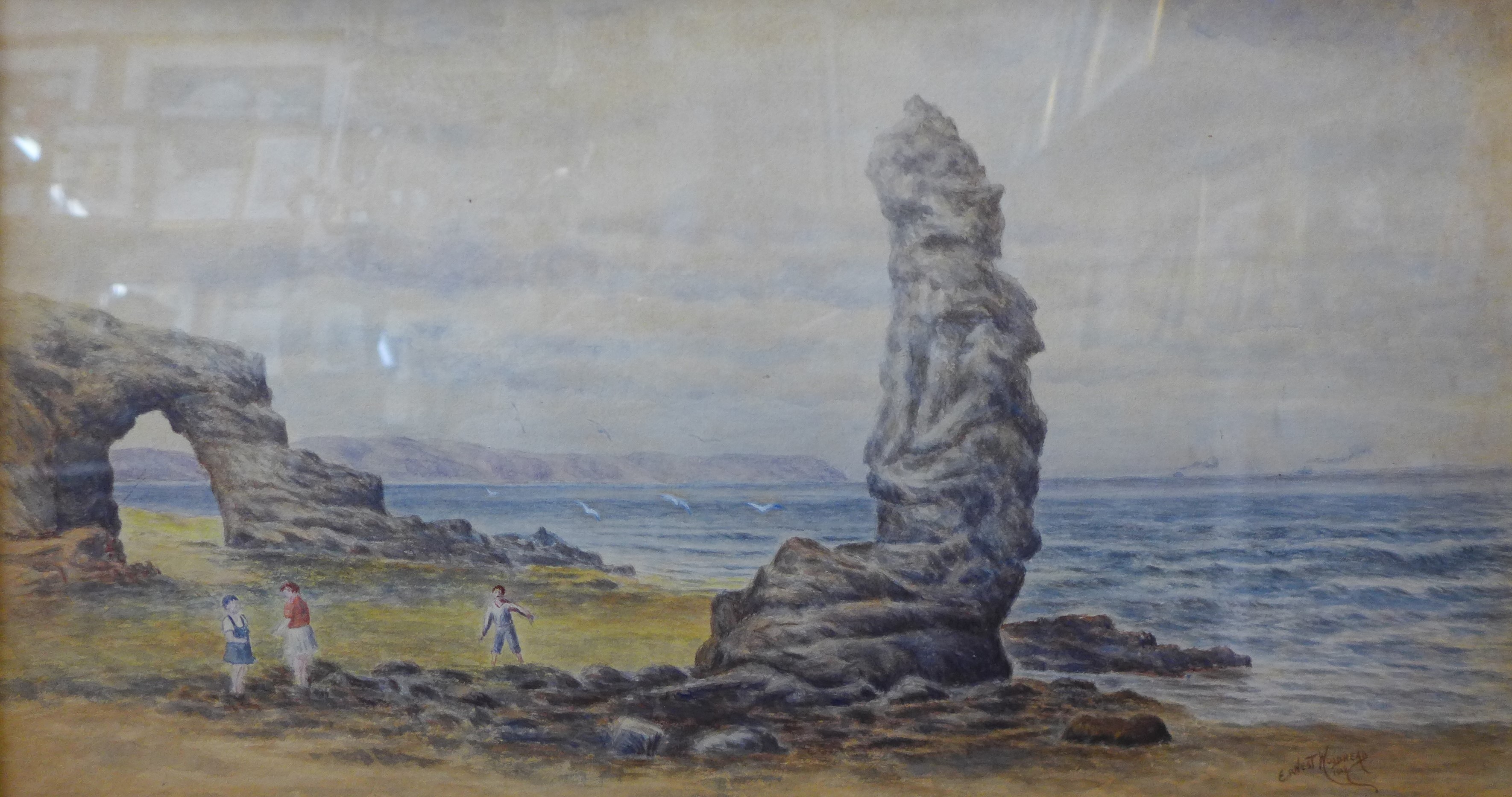 Ernest Woodhead, pair of coastal landscapes with figures on a beach, watercolour, dated 1929, 27 x - Bild 4 aus 6