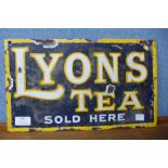 A Lyons Tea enamelled double sided advertising sign, 23 x 38cms