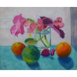 Michael Haswell, still life of fruit and flowers, oil on board, 23 x 28cms, framed