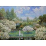 D. Garbett, Impressionist style summer landscape with figures in a garden, oil on board, 45 x 61cms,