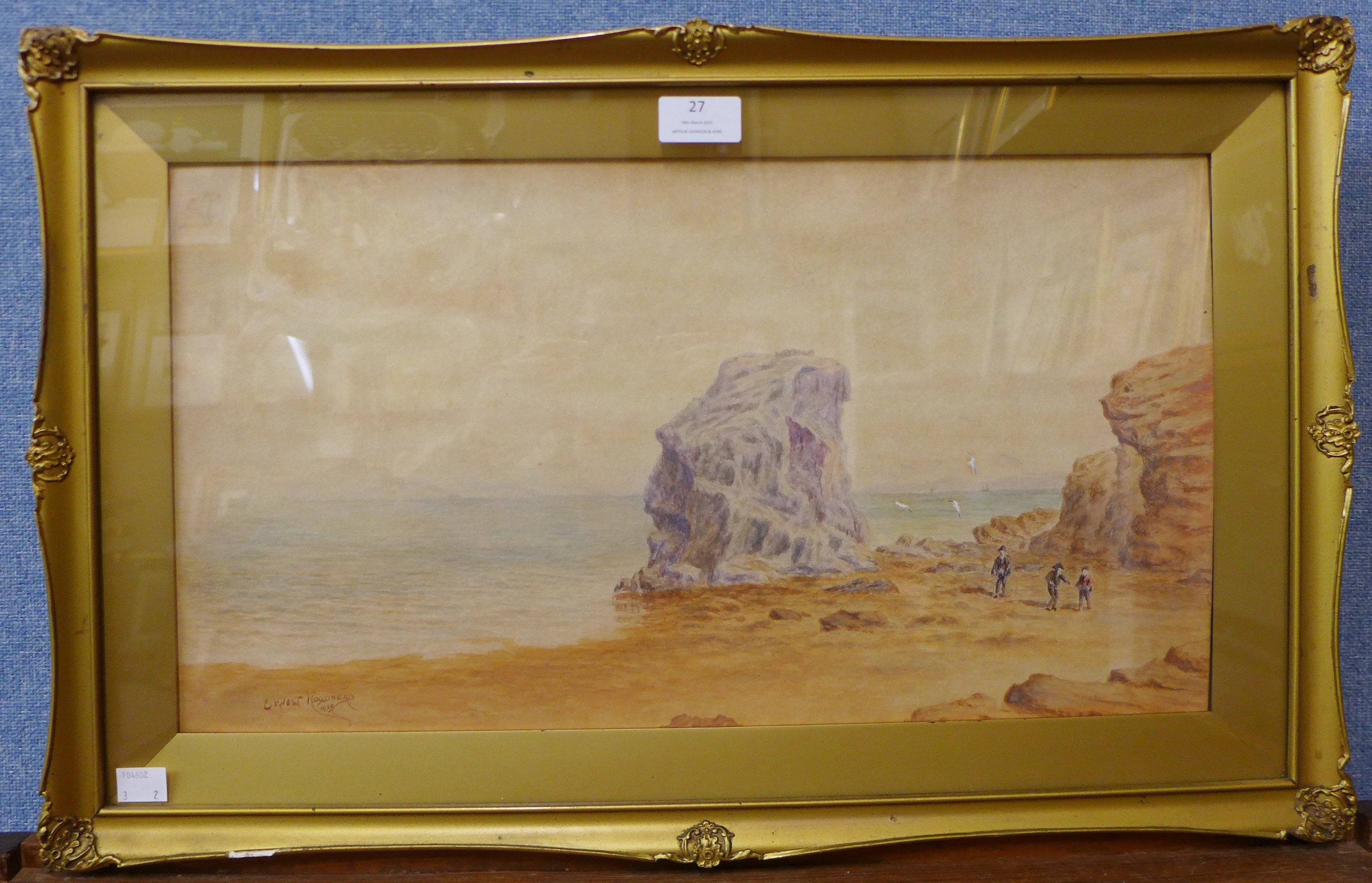Ernest Woodhead, pair of coastal landscapes with figures on a beach, watercolour, dated 1929, 27 x - Bild 2 aus 6