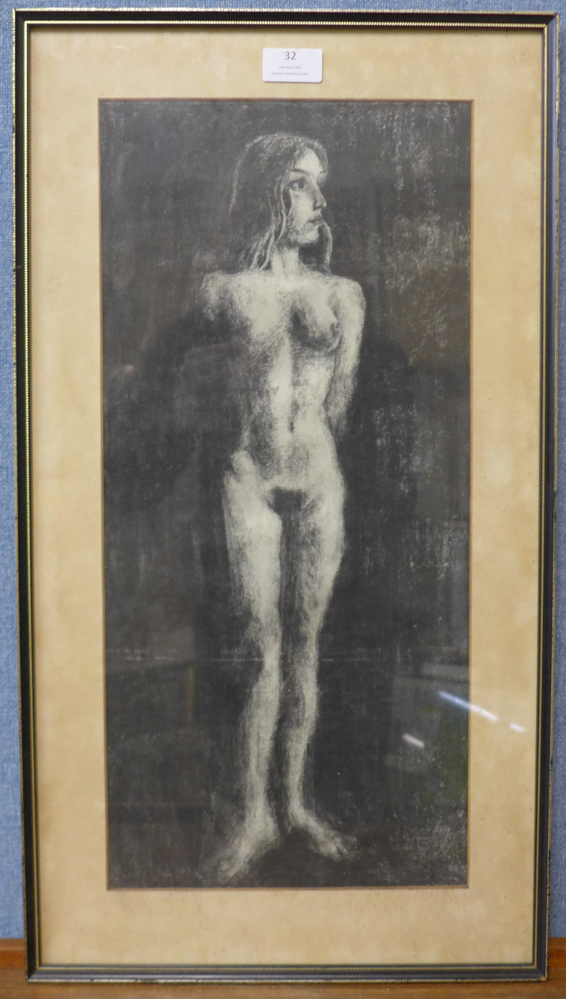 British School (mid 20th Century), portrait of a female nude, charcoal, 52 x 24cms, framed, Kim - Bild 2 aus 2