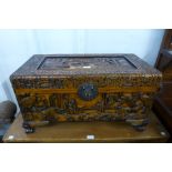 A small oriental carved camphorwood blanket box, 38cms h x 70cms w