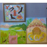 French Modernist School, three oils on canvas, two unframed; 73 x 60cms and 61 x 73cms and one